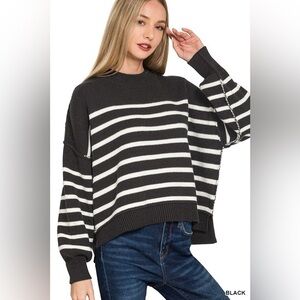 Zenana Exposed Seam Striped Oversized Sweater